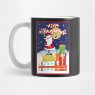 Merry Christmas! Happy Santa standing on a pile of gifts in the snow. Greeting card. Mug